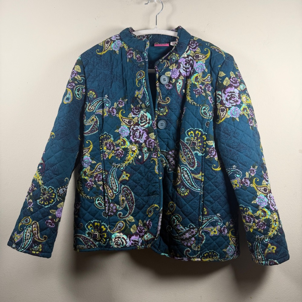 Women Small Paisley Floral Quilted Jacket Lightweight Teal Boho Grandmacore